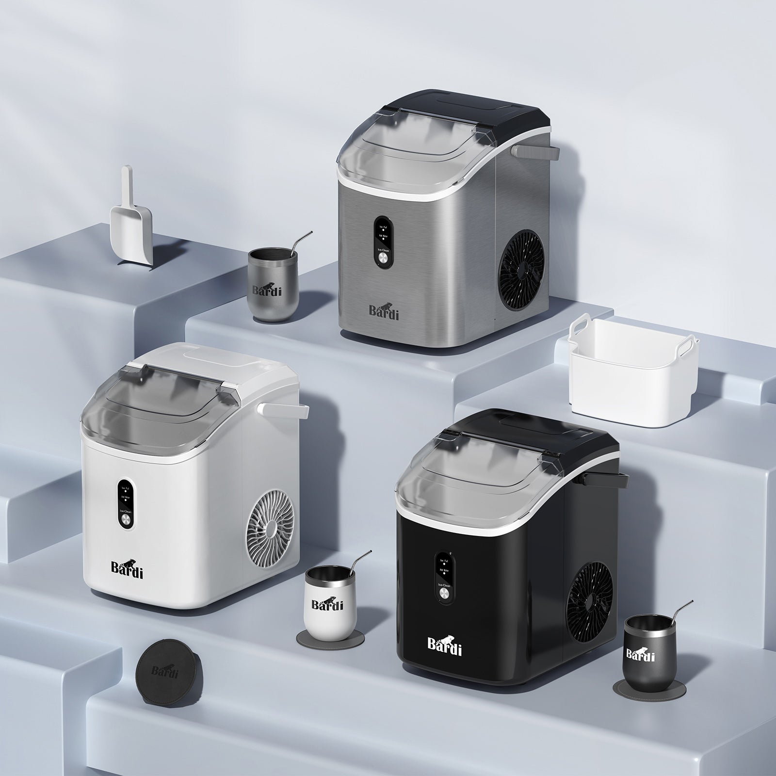 Bardi 1.1L - Nugget IJsblokjesmachine Rond - Crushed Ice Maker met IJsschep - 15kg/24 uur - Ijsblokjesmaker - Met Lux Thermosbeker - WIT - Citruspers RVS