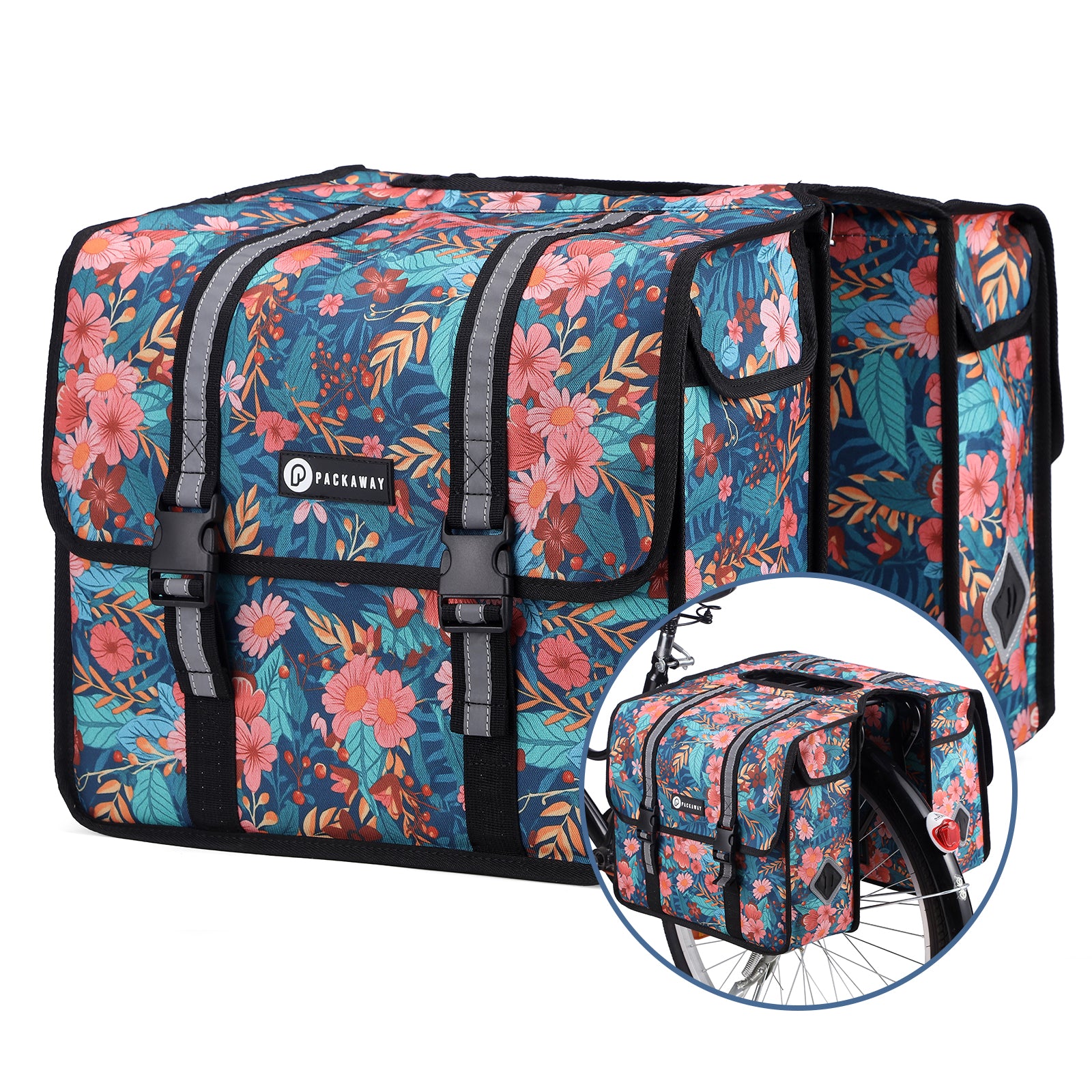 Packaway dubbele fietstas achterop 36 liter waterafstotend met reflectie Wild Garden