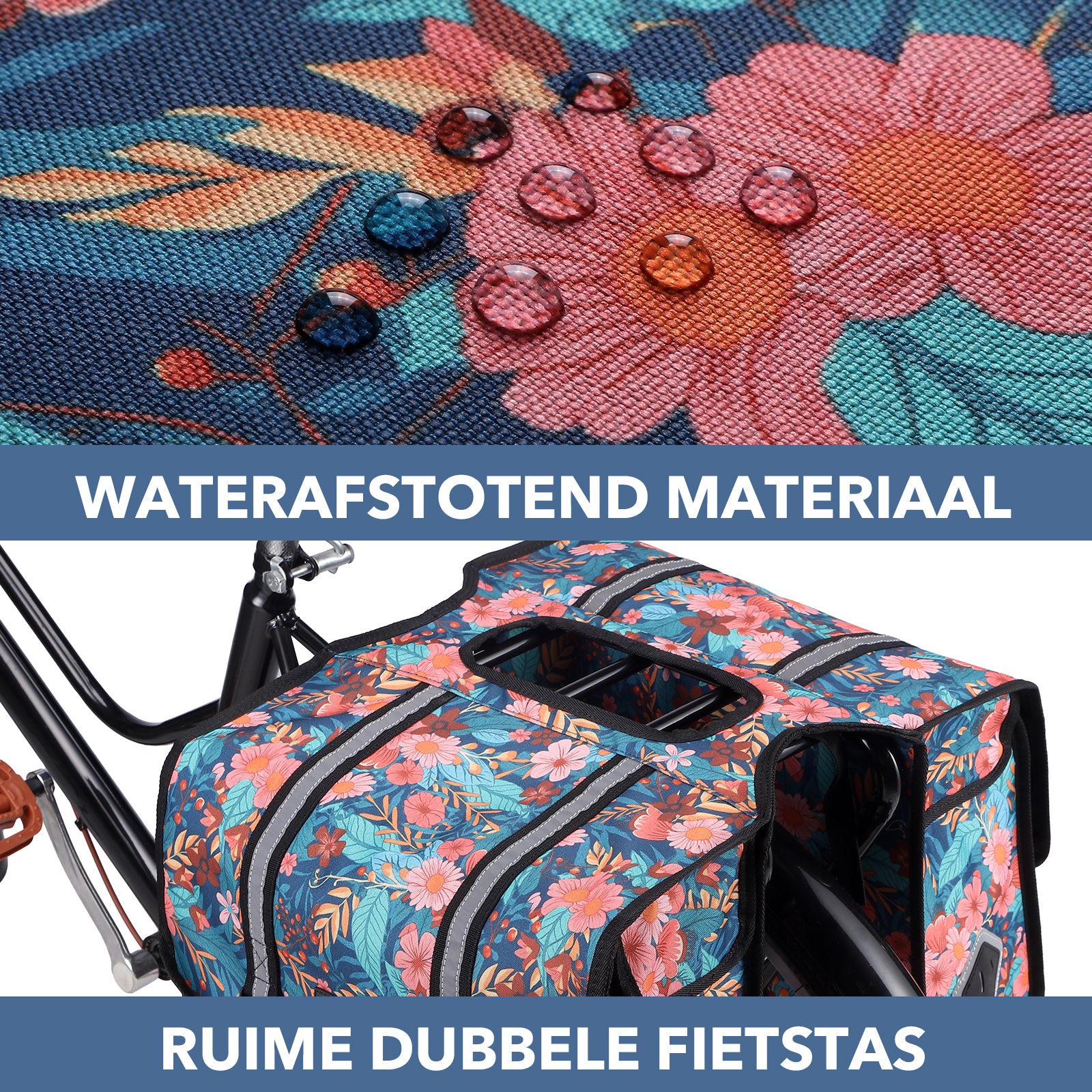 Packaway dubbele fietstas achterop 36 liter waterafstotend met reflectie Wild Garden