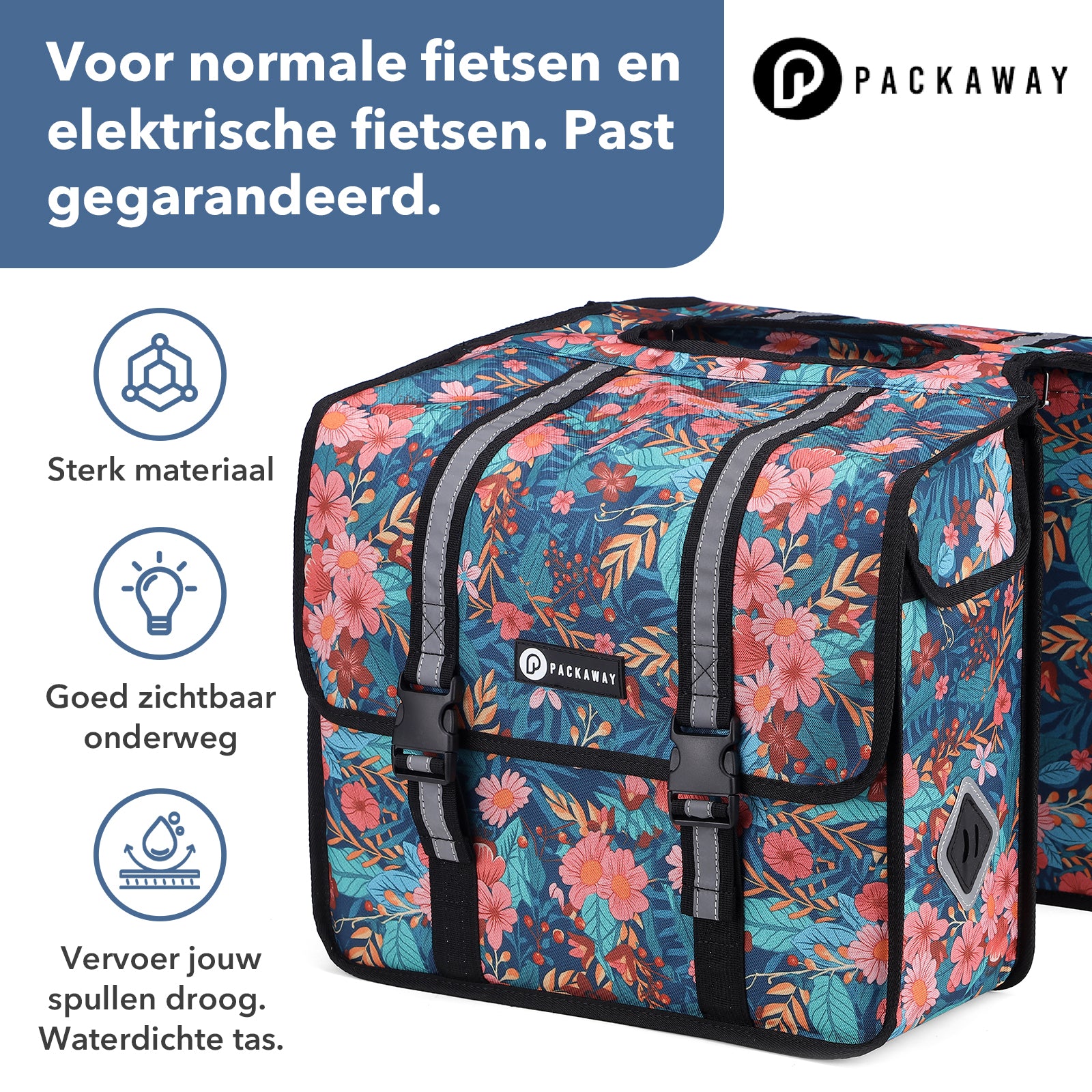 Packaway dubbele fietstas achterop 36 liter waterafstotend met reflectie Wild Garden