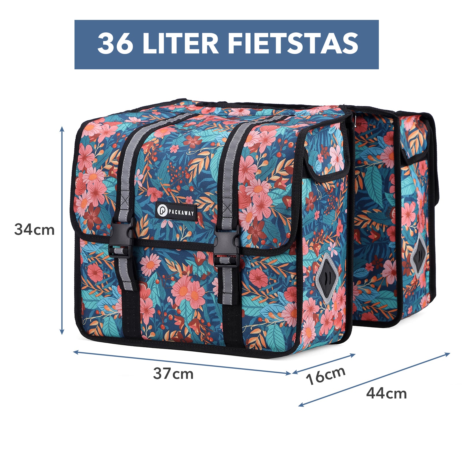 Packaway dubbele fietstas achterop 36 liter waterafstotend met reflectie Wild Garden