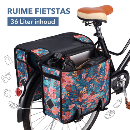 Packaway dubbele fietstas achterop 36 liter waterafstotend met reflectie Wild Garden