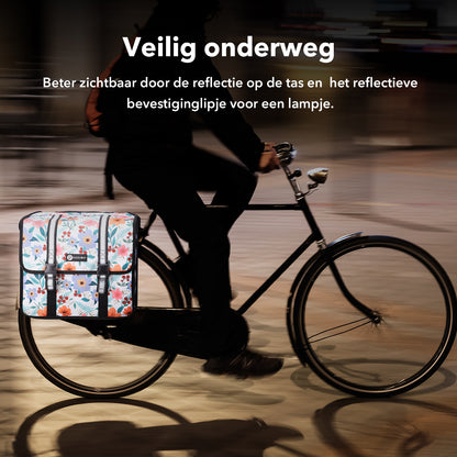 Packaway dubbele fietstas 36 liter waterafstotend met reflectie Pastel Blossom