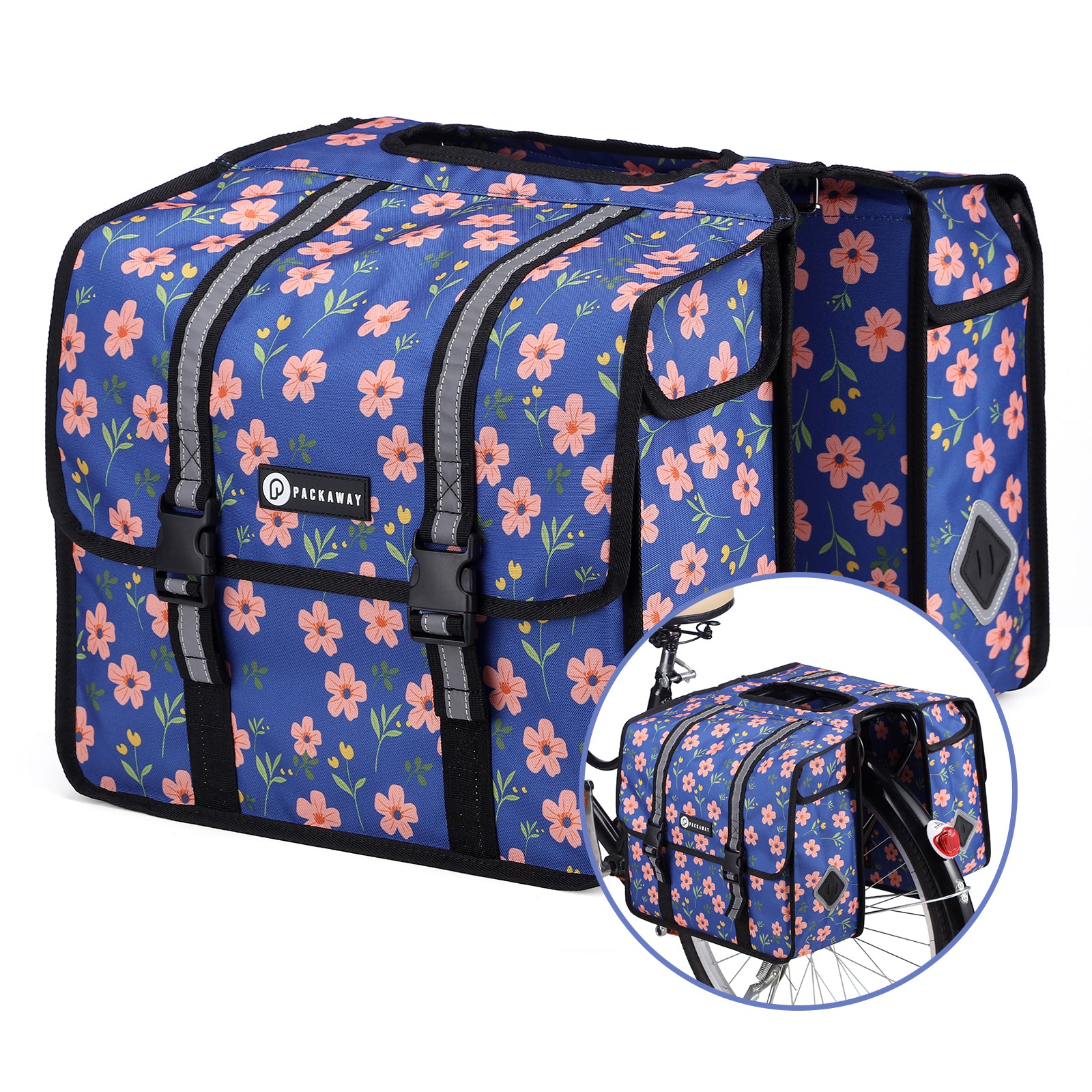 Packaway dubbele fietstas voor bagagedrager 36 liter waterafstotend afneembaar met reflectie Blue Blossom