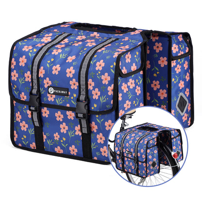 Packaway Dubbele Fietstassen 36L Blue Blossom - waterdicht - reflectie - afneembaar
