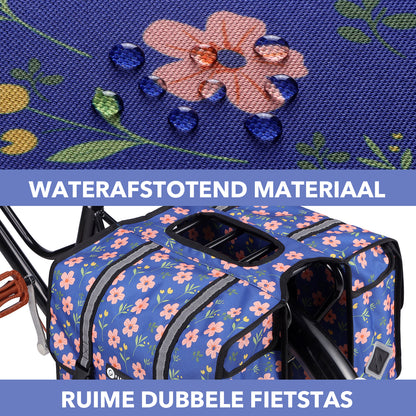 Packaway dubbele fietstas voor bagagedrager 36 liter waterafstotend afneembaar met reflectie Blue Blossom
