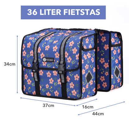Packaway dubbele fietstas voor bagagedrager 36 liter waterafstotend afneembaar met reflectie Blue Blossom