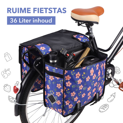 Packaway dubbele fietstas voor bagagedrager 36 liter waterafstotend afneembaar met reflectie Blue Blossom