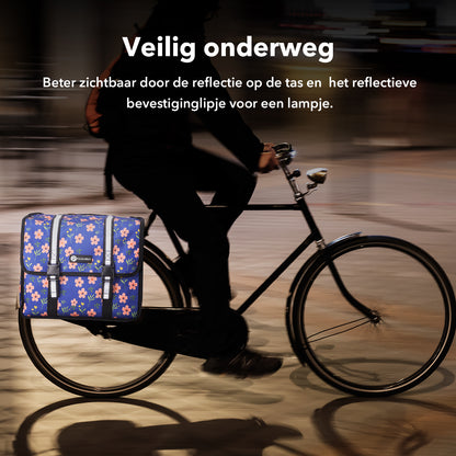 Packaway dubbele fietstas voor bagagedrager 36 liter waterafstotend afneembaar met reflectie Blue Blossom