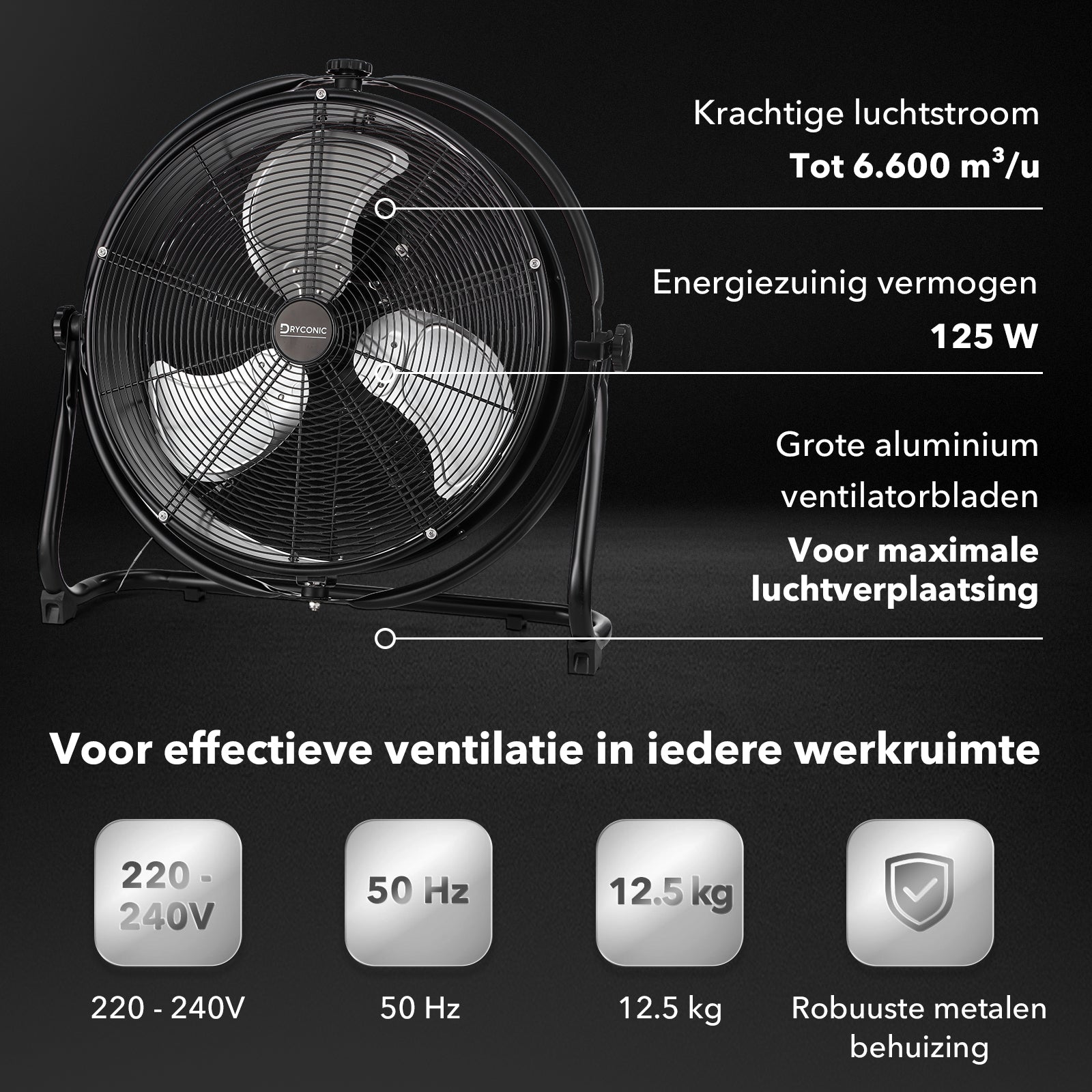 Dryconic wandventilator 500mm - Incl. wandbeugel - 3 snelheden - 360 graden draaibaar