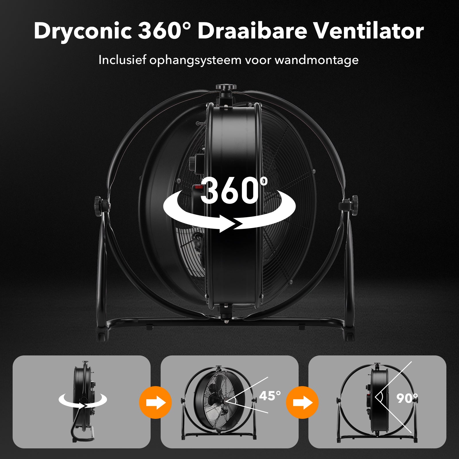 Dryconic wandventilator 500mm - Incl. wandbeugel - 3 snelheden - 360 graden draaibaar