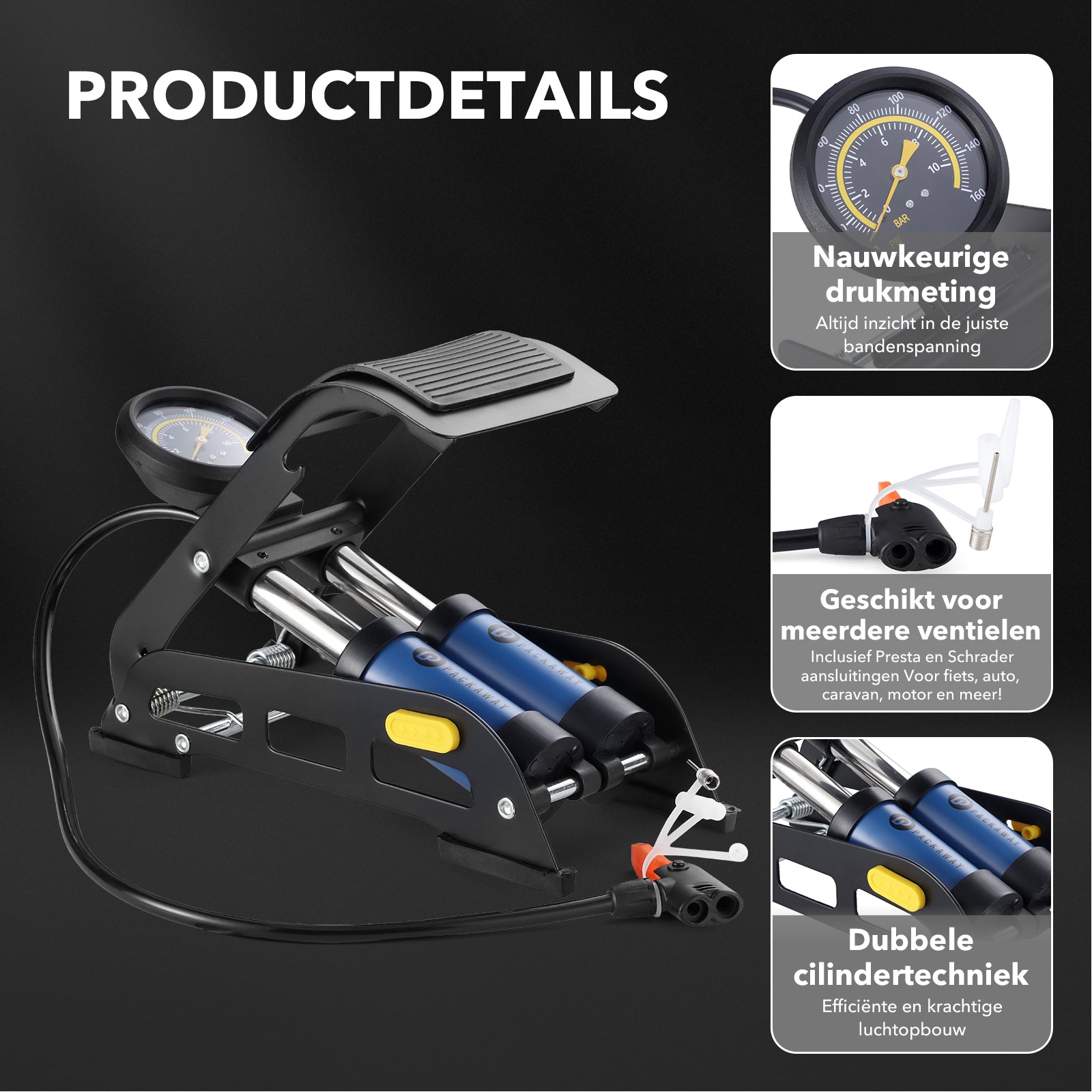 Packaway voetpomp dubbel cilinder met manometer - 8 bar - Presta en Schrader