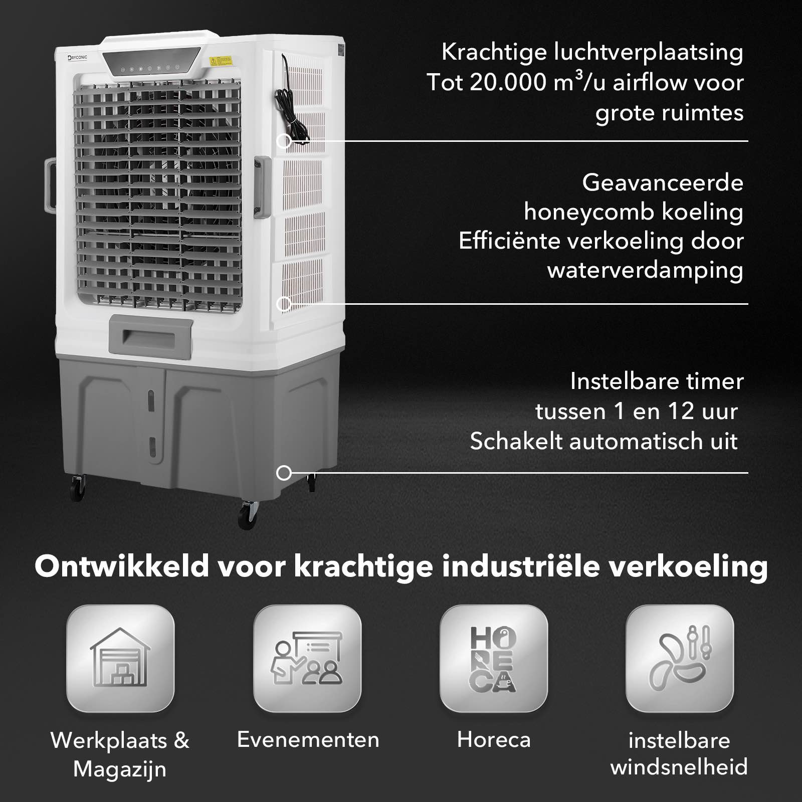 Dryconic 50442 industriële luchtkoeler 20.000 m3 per uur - 145 liter watertank - met afstandsbediening en koelelementen