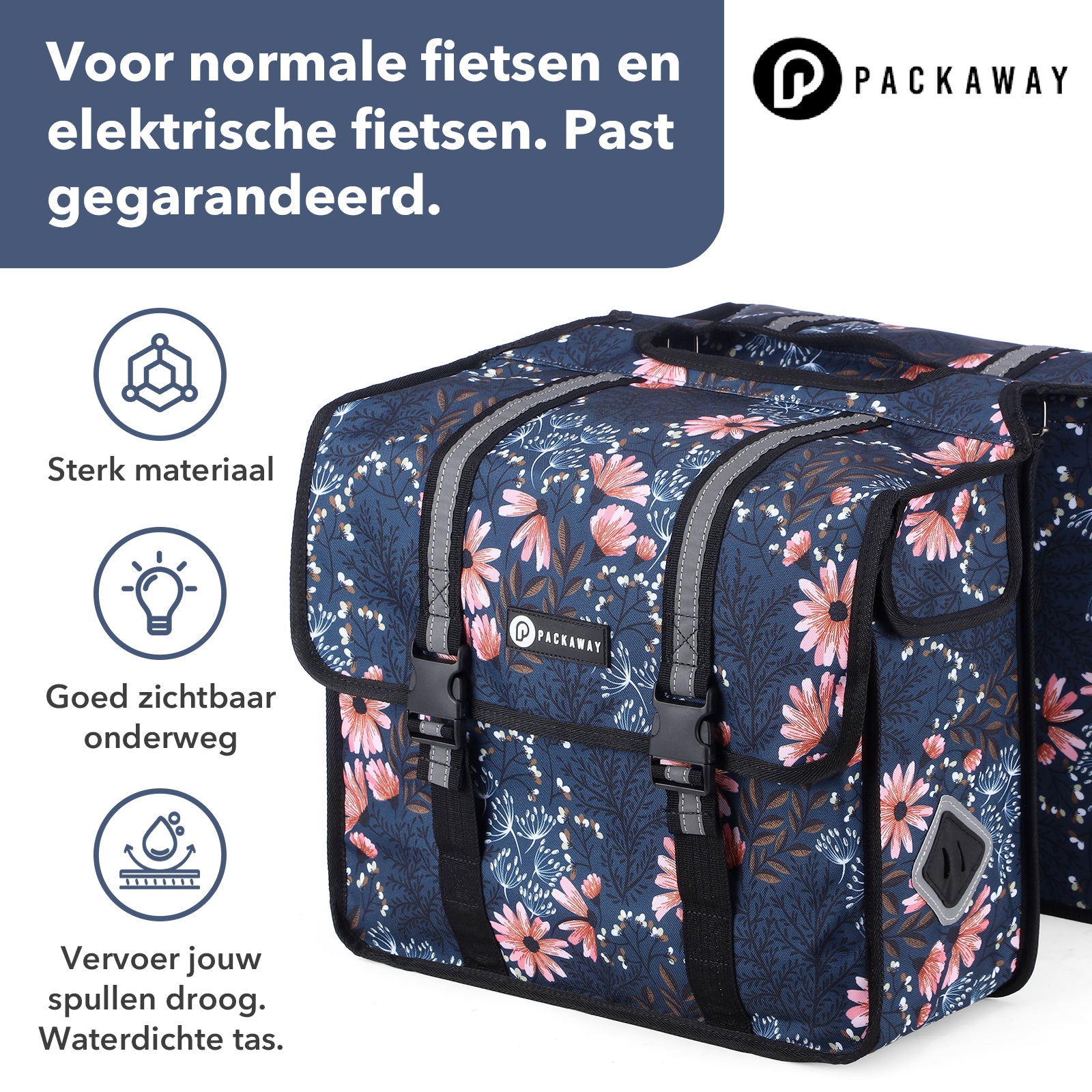 Packaway Dubbele Fietstassen 36L Japanese Flower - waterdicht - reflectie