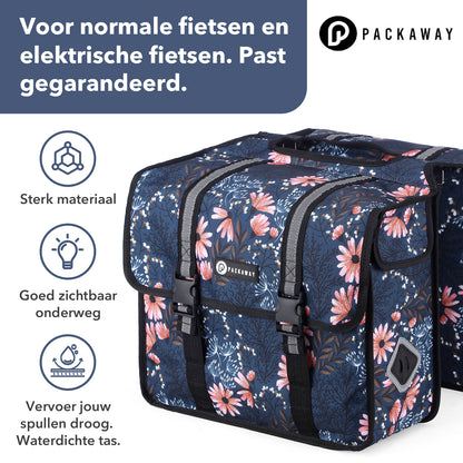 Packaway Dubbele Fietstassen 36L Japanese Flower - waterdicht - reflectie