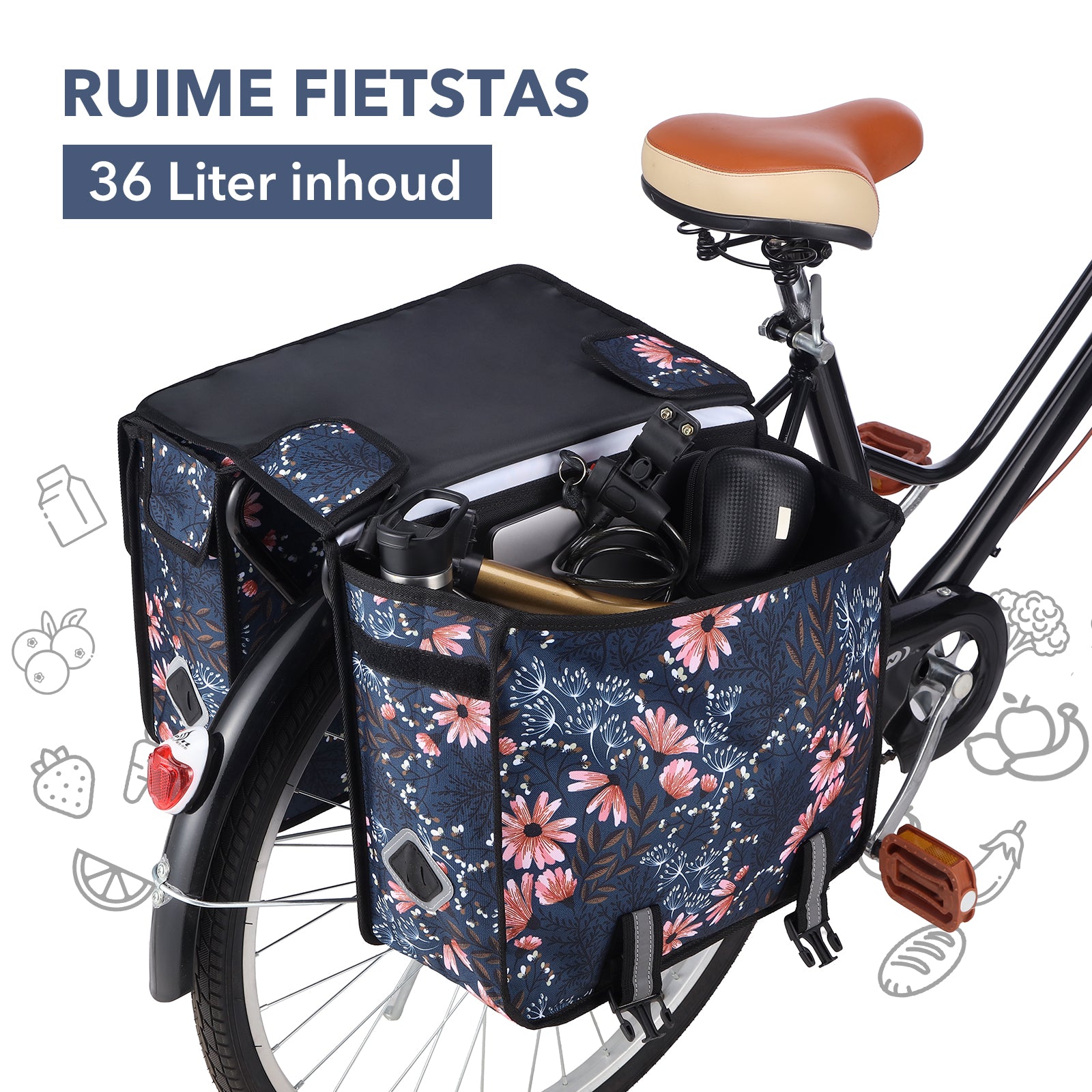 Packaway Dubbele Fietstassen 36L Japanese Flower - waterdicht - reflectie