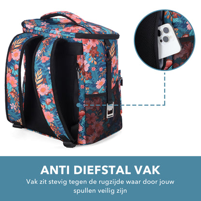 Packaway koeltas rugzak 25 liter met 2 koelelementen en flessenopener waterafstotend anti diefstal vak 4 laags isolatie Wild Garden
