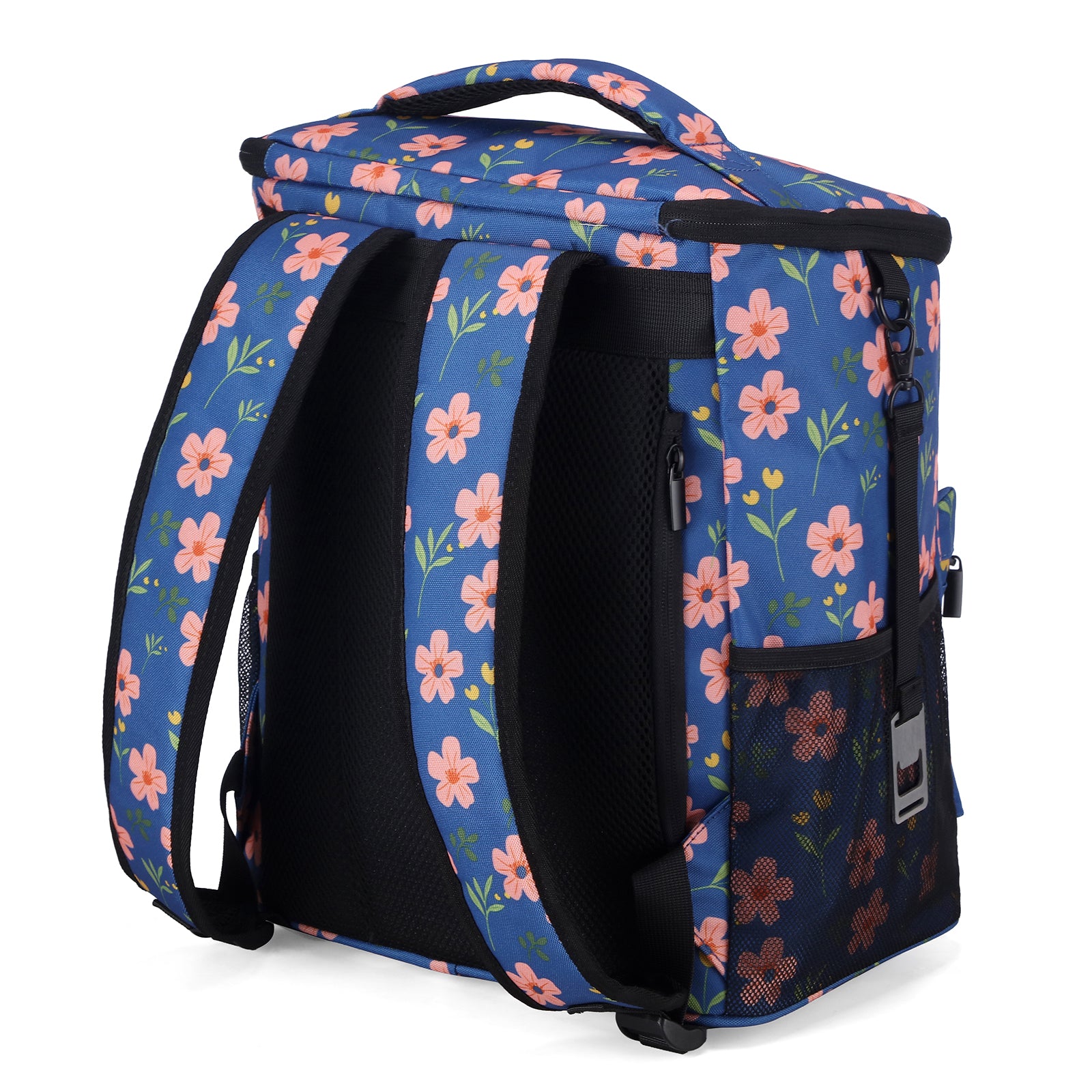 Packaway koeltas rugzak 25 liter met 2 koelelementen en flessenopener - waterafstotend - antidiefstal vak - 4 laags isolatie - Blue Blossom