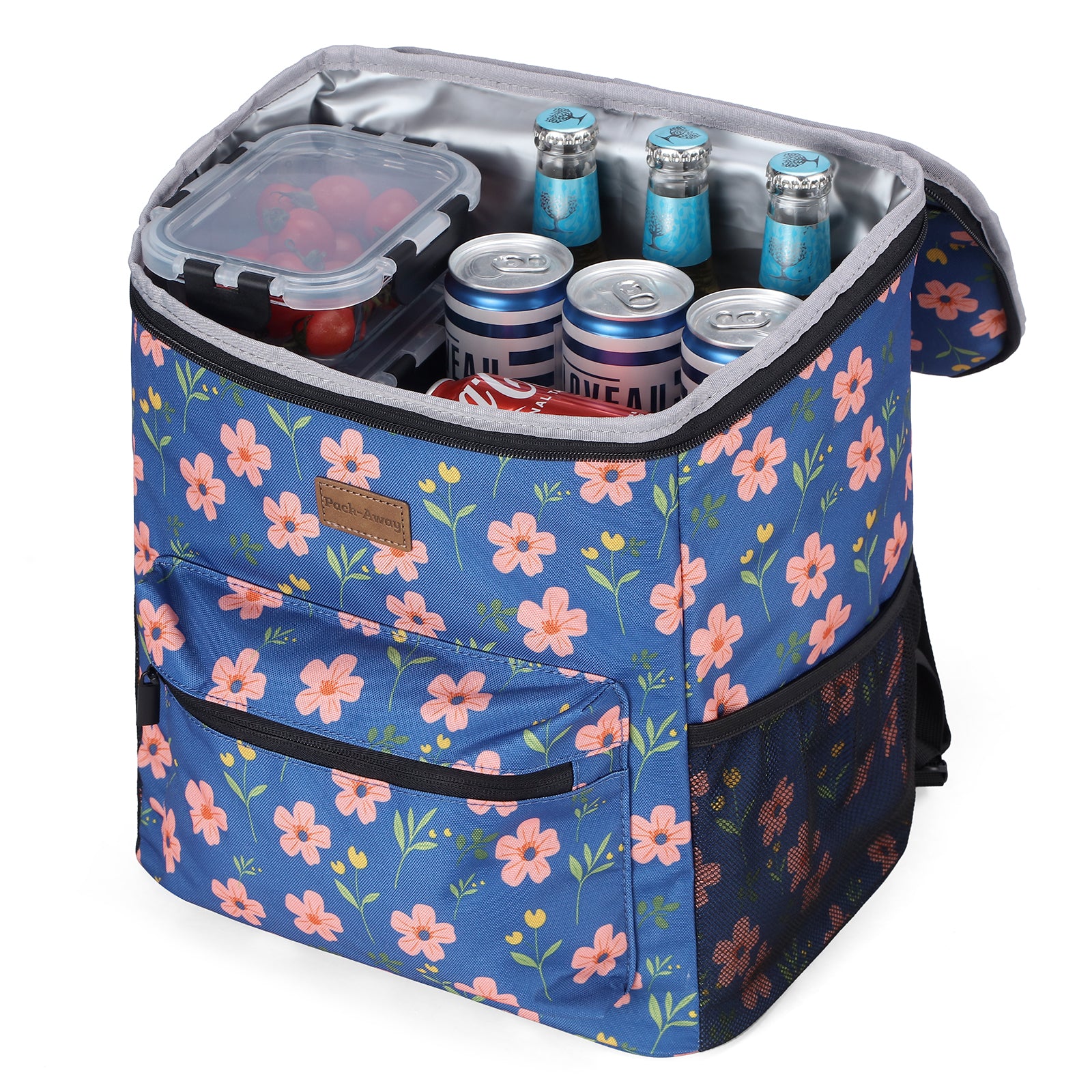 Packaway koeltas rugzak 25 liter met 2 koelelementen en flessenopener - waterafstotend - antidiefstal vak - 4 laags isolatie - Blue Blossom