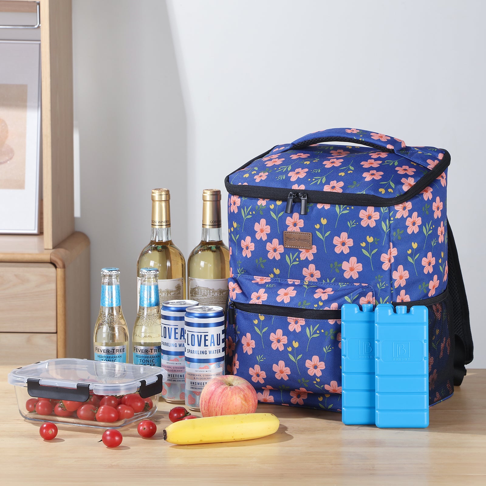 Packaway koeltas rugzak 25 liter met 2 koelelementen en flessenopener - waterafstotend - antidiefstal vak - 4 laags isolatie - Blue Blossom