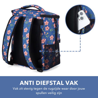 Packaway koeltas rugzak 25 liter met 2 koelelementen en flessenopener - waterafstotend - antidiefstal vak - 4 laags isolatie - Blue Blossom