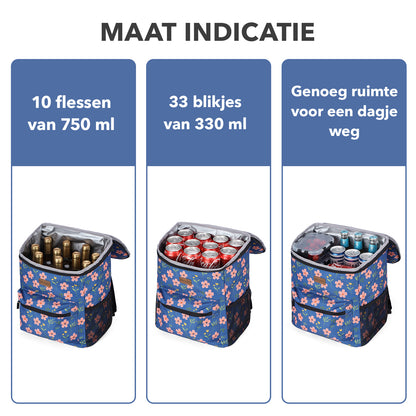 Packaway koeltas rugzak 25 liter met 2 koelelementen en flessenopener - waterafstotend - antidiefstal vak - 4 laags isolatie - Blue Blossom