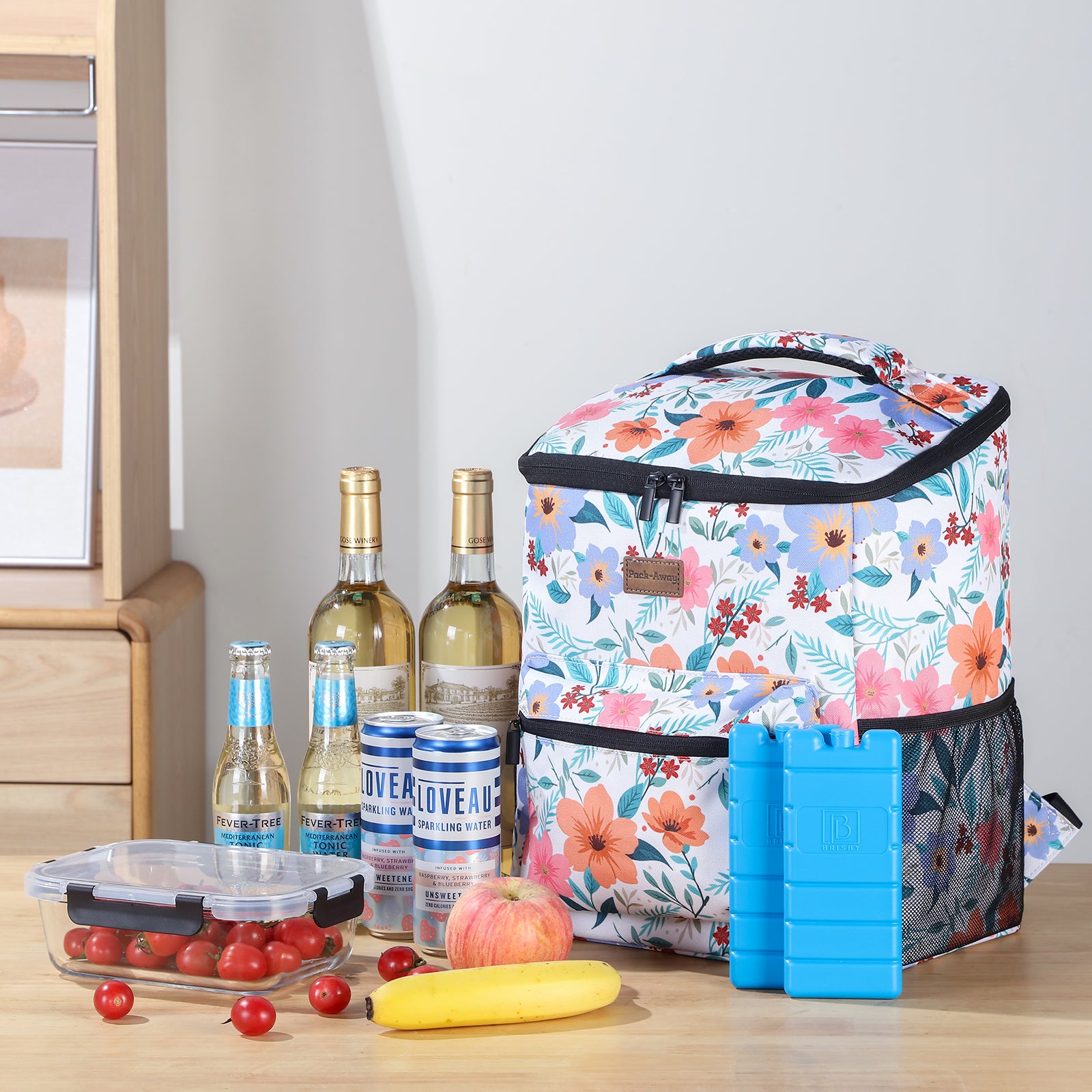 Packaway koeltas rugzak 25 L met 2 koelelementen en flessenopener - waterafstotend - anti diefstal vak - Pastel Blossom