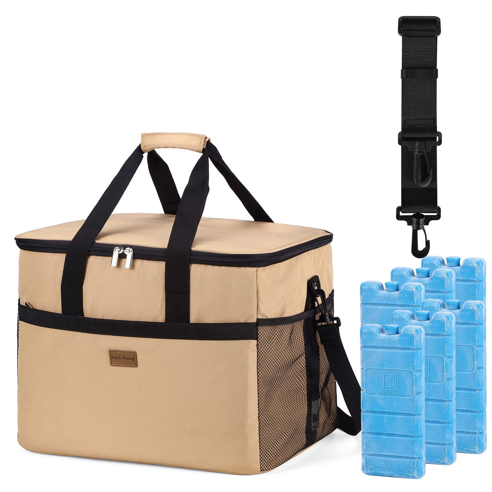 Packaway geïsoleerde koeltas 40 liter beige opvouwbare lunchtas met schouderband en 6 koelelementen