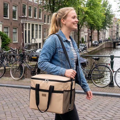 Packaway geïsoleerde koeltas 40 liter beige opvouwbare lunchtas met schouderband en 6 koelelementen