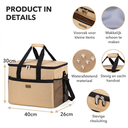 Packaway geïsoleerde koeltas 40 liter beige opvouwbare lunchtas met schouderband en 6 koelelementen