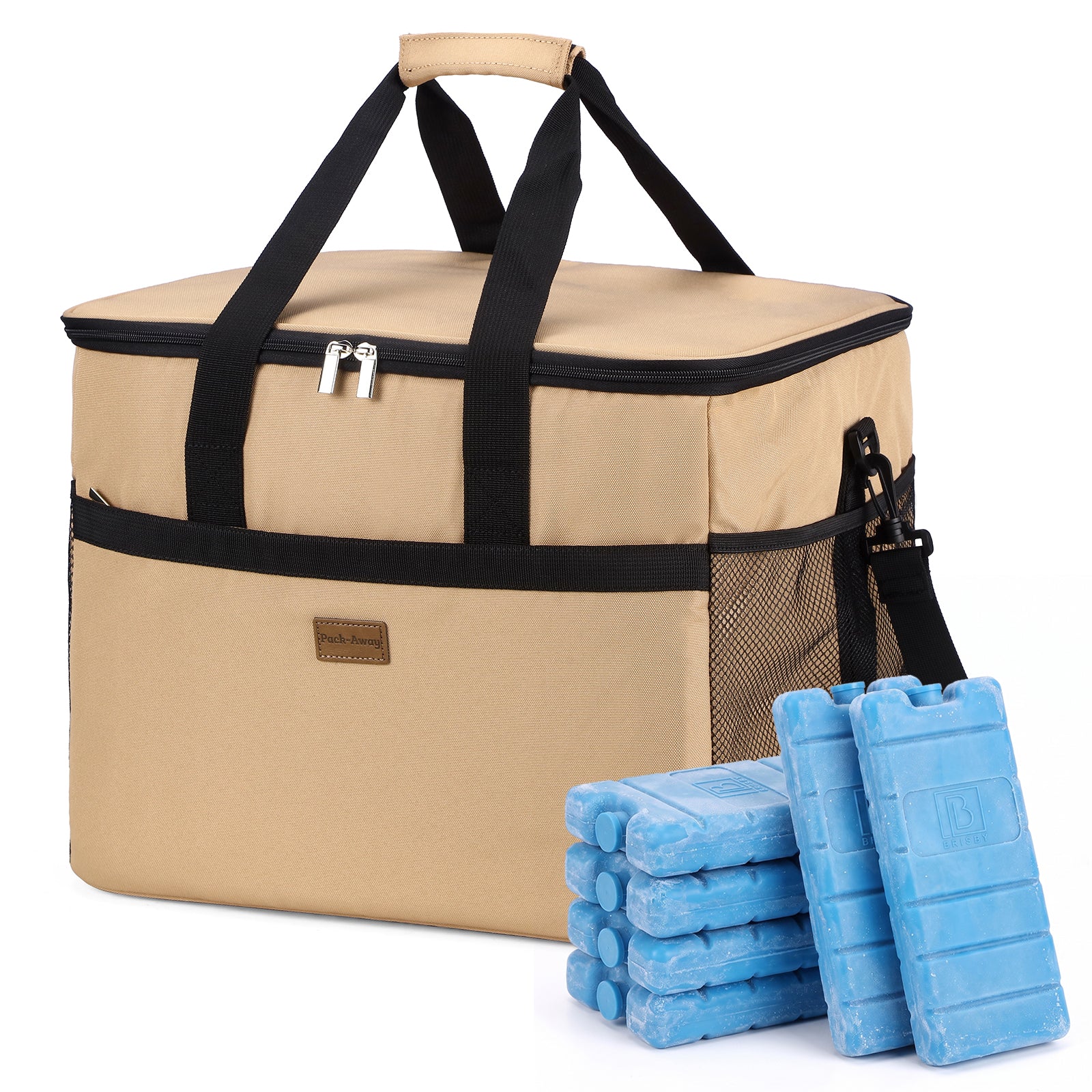 Packaway geïsoleerde koeltas 40 liter beige opvouwbare lunchtas met schouderband en 6 koelelementen
