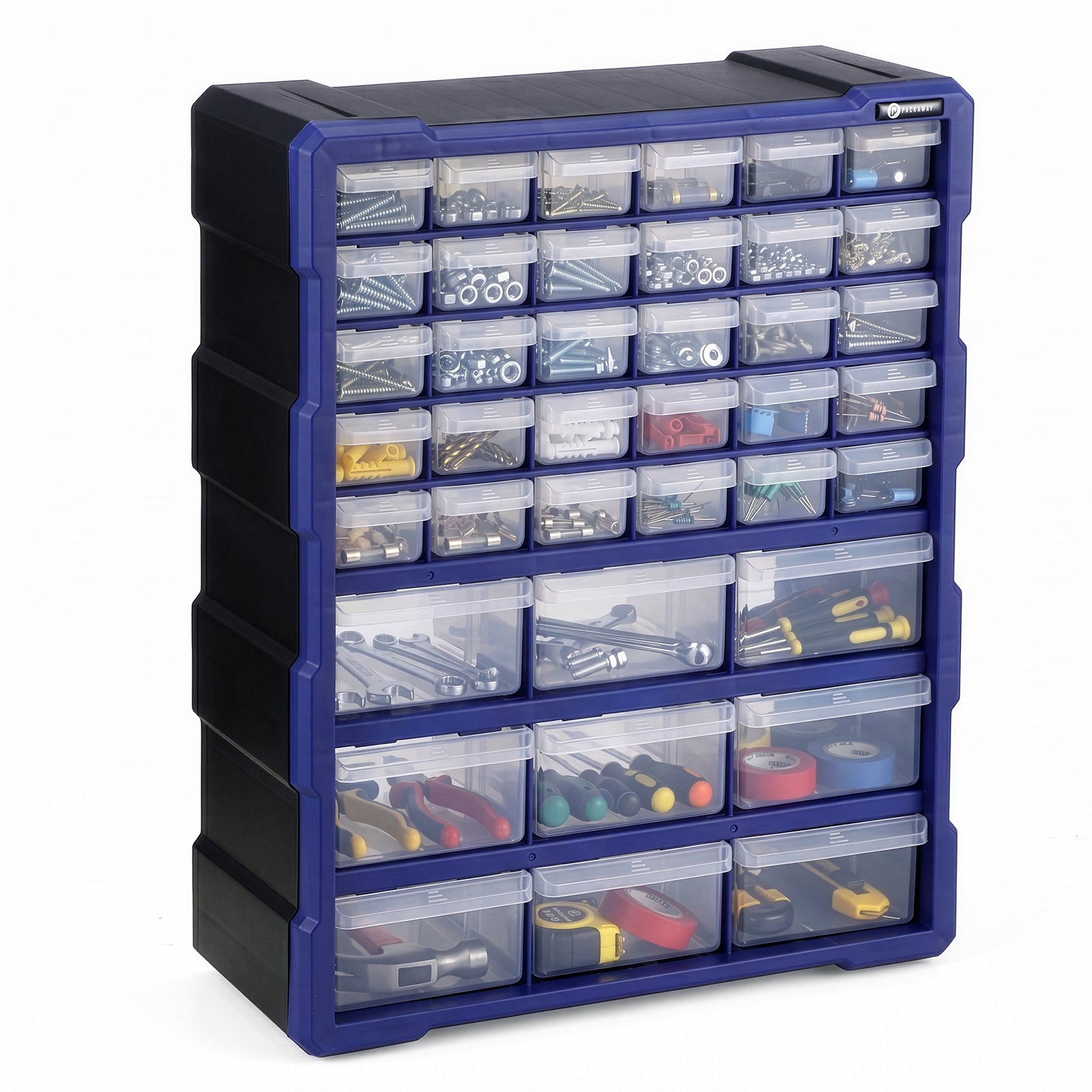 Packaway ladenkast met 39 laden, assortimentskast en opbergsysteem, blauw en zwart