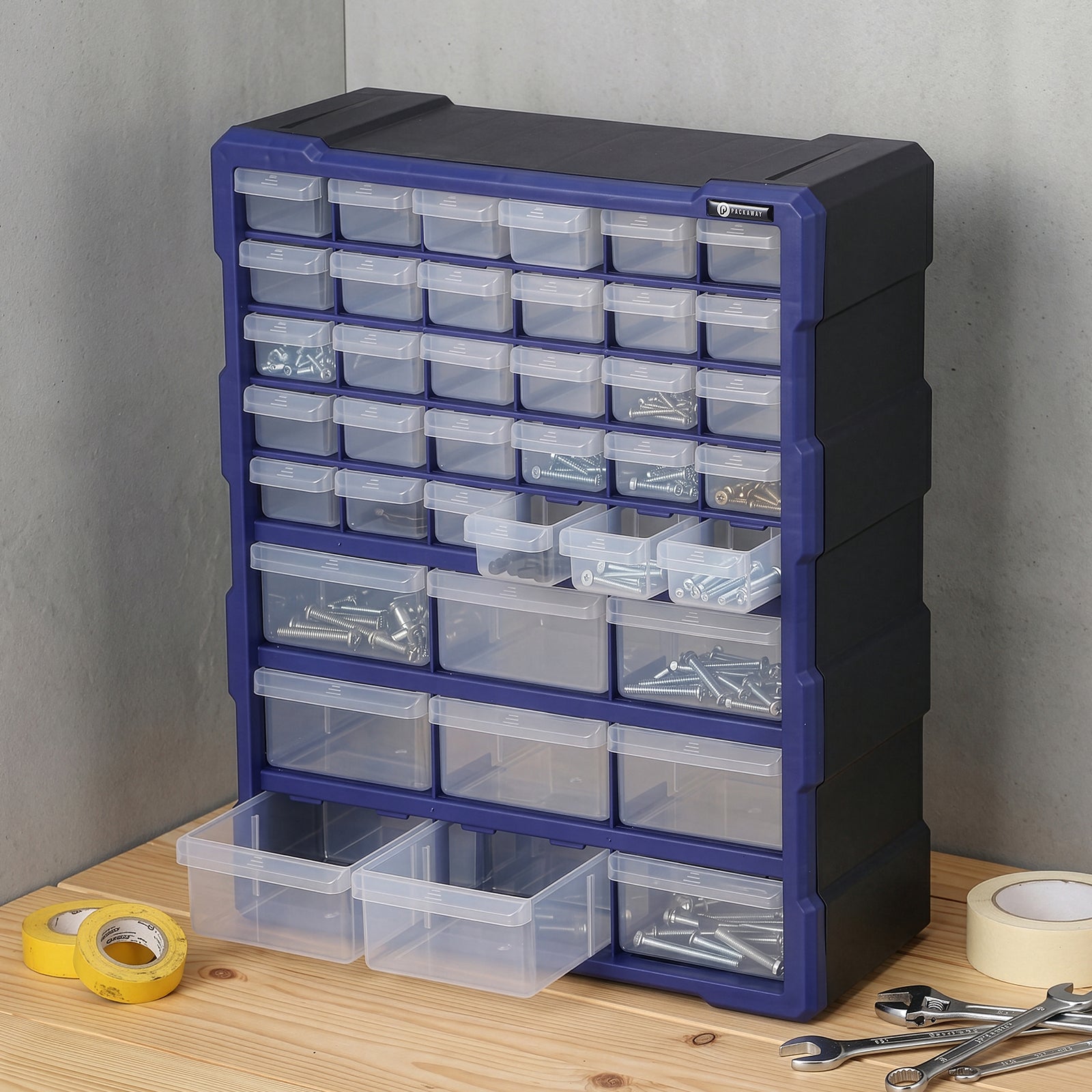 Packaway ladenkast met 39 laden, assortimentskast en opbergsysteem, blauw en zwart