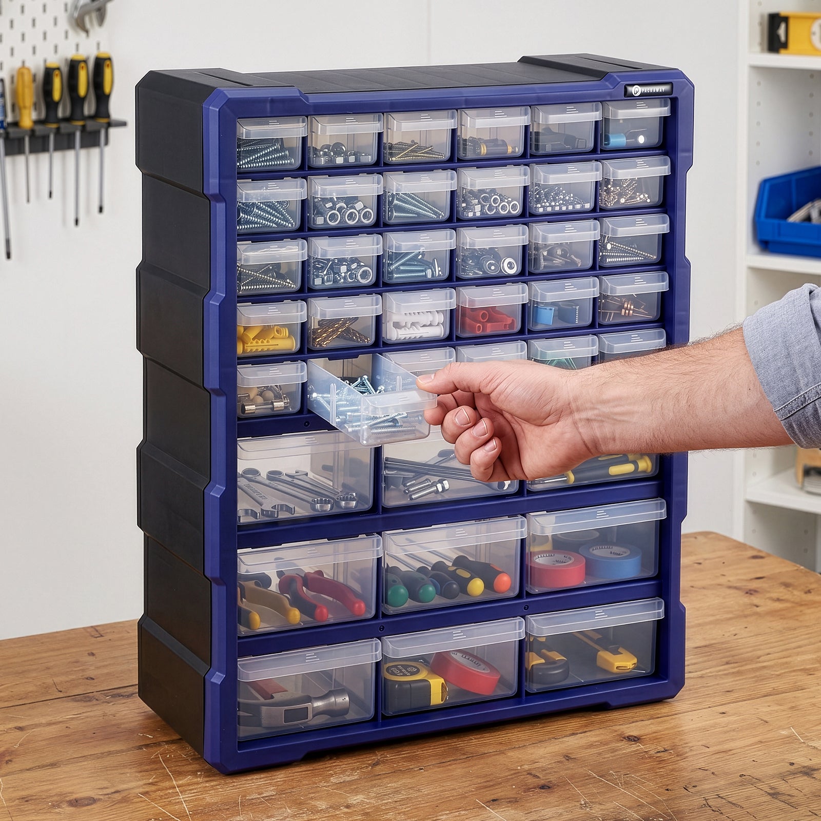 Packaway ladenkast met 39 laden, assortimentskast en opbergsysteem, blauw en zwart