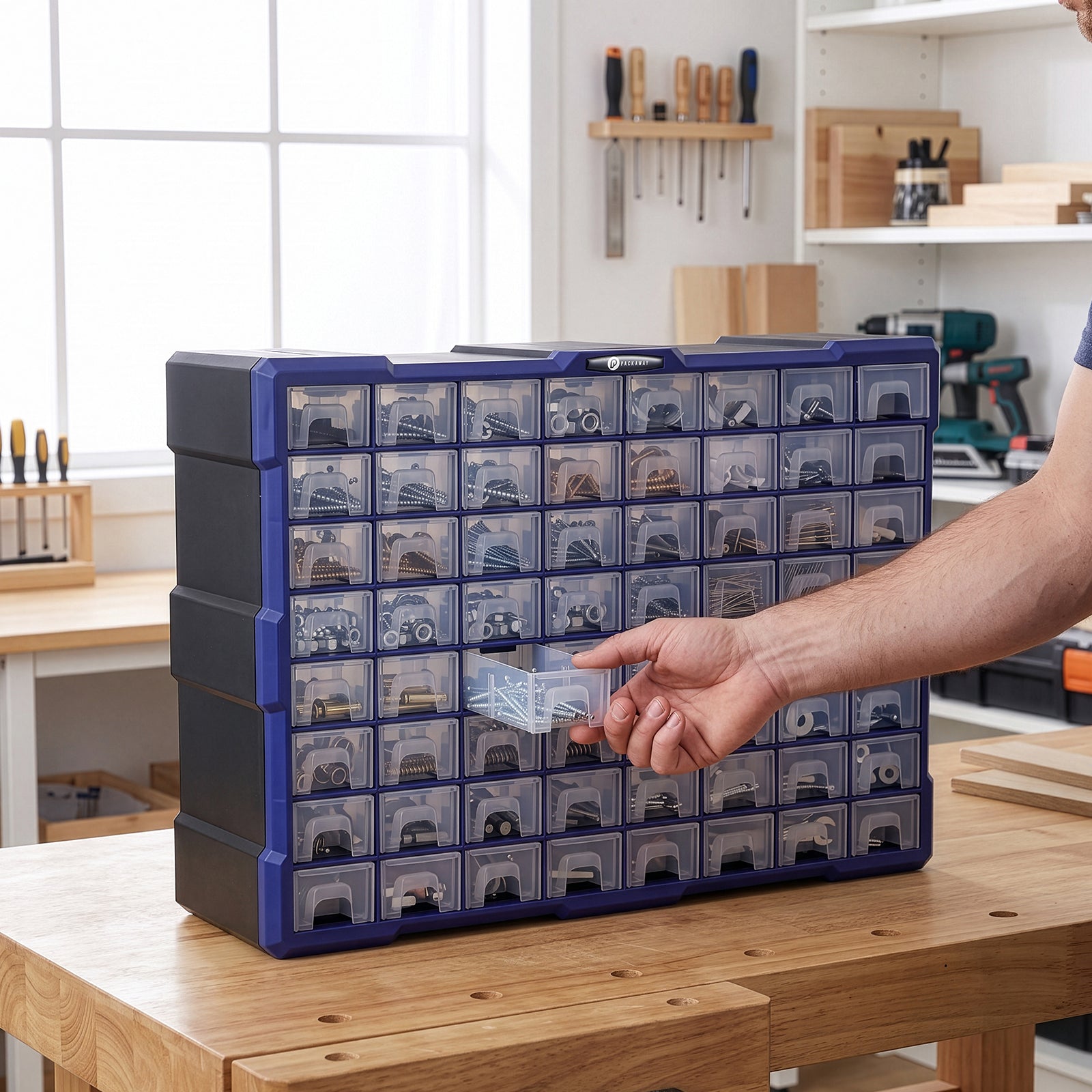 Packaway ladekast met 64 laden - assortimentskast en opbergsysteem - blauw en zwart