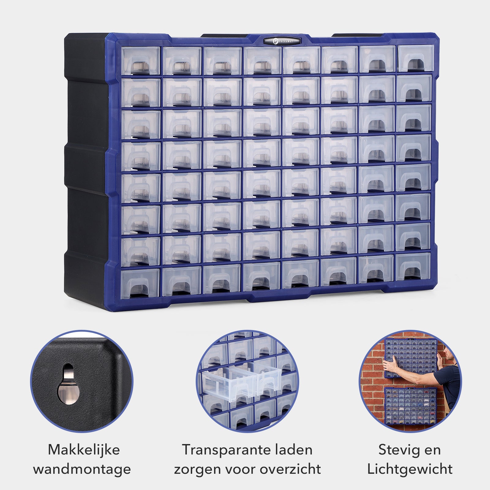 Packaway ladekast met 64 laden - assortimentskast en opbergsysteem - blauw en zwart