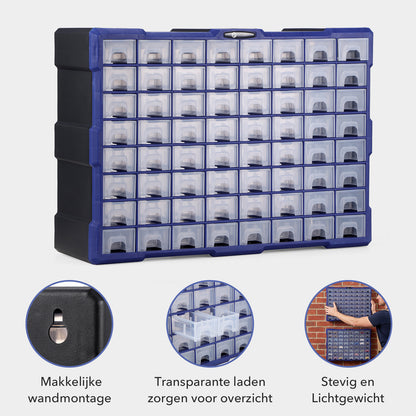 Packaway ladekast met 64 laden - assortimentskast en opbergsysteem - blauw en zwart