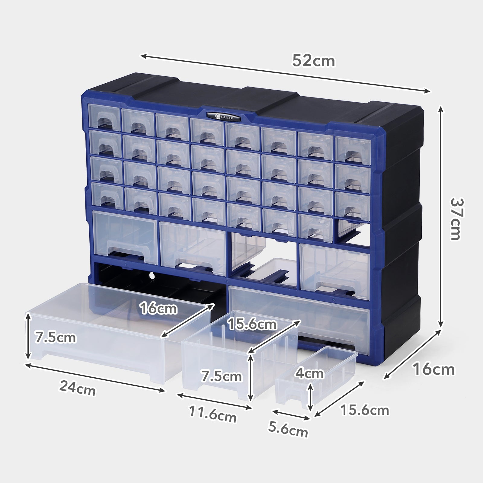 Packaway ladenkast met 38 laden - assortimentskast en opbergsysteem - blauw en zwart