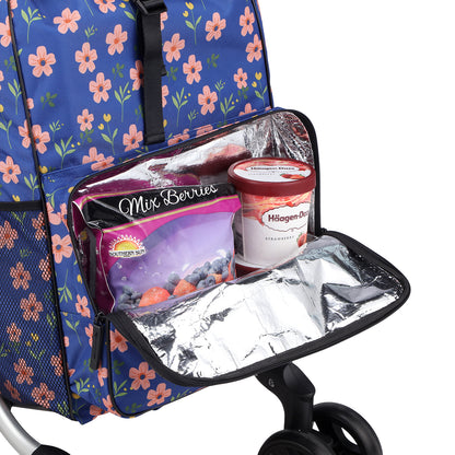 Packaway Boodschappentrolley met 4 wielen - boodschappenwagen deluxe met koelvak en verstelbaar handvat – 60 liter – Blue Blossom