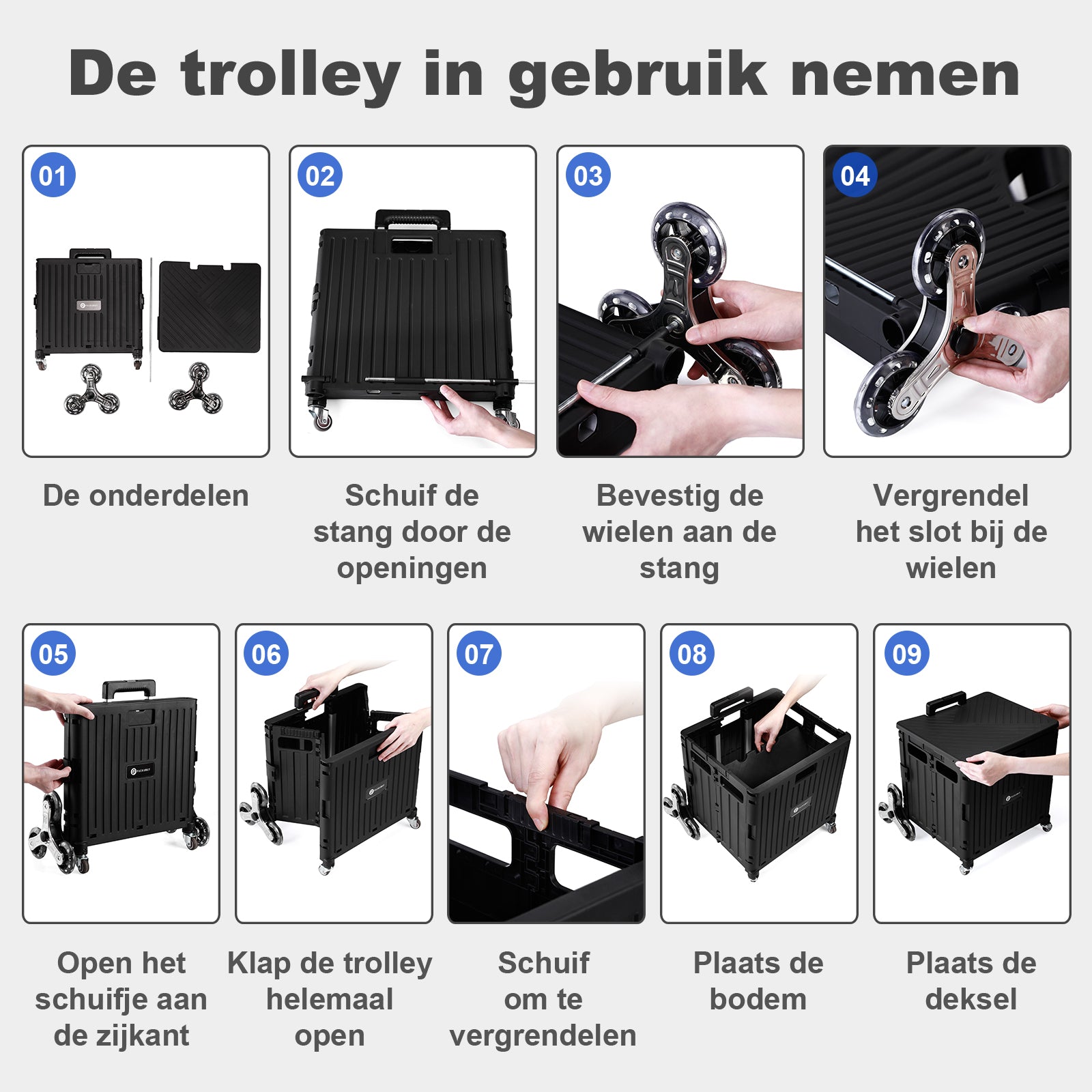 Packaway Boodschappentrolley 50L XL zwart - incl. trapwielen, deksel - 35 kg draagvermogen