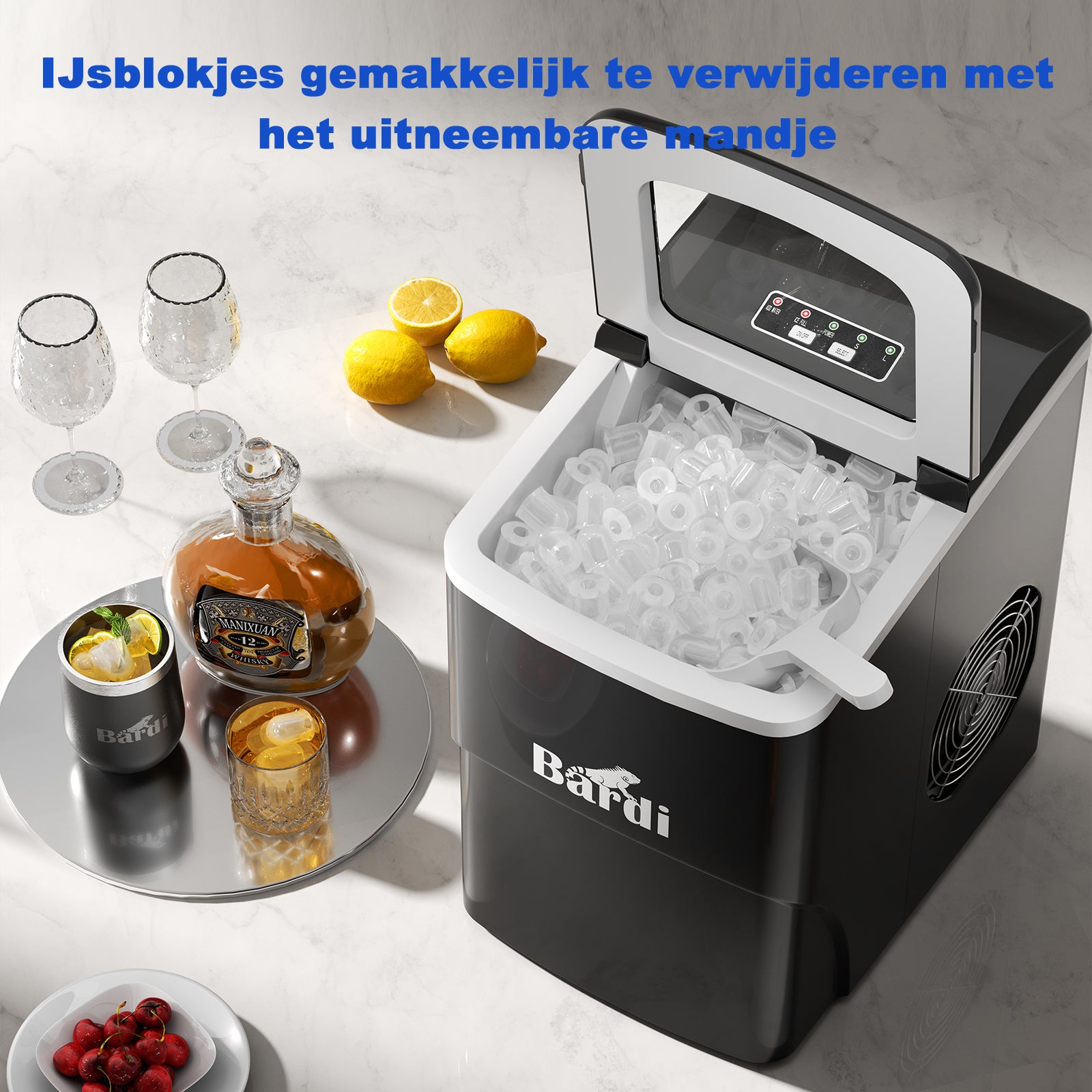 Bardi Deluxe Ice Cube Machine 2L black - Self-cleaning function - ice cube maker with ice scoop - Incl. luxury thermos cup and ice scoop