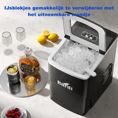 Bardi Deluxe IJsblokjesmachine 2L zwart - Zelfreinigingsfunctie - ijsblokmaker met ijsschep - Incl. luxe thermosbeker en ijsschep