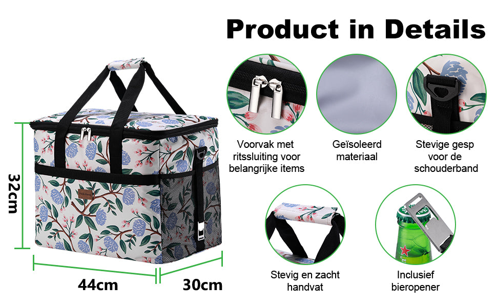 Koeltas 40L white flower - lunchtas - opvouwbaar - 4-laags geïsoleerd - incl. 6 gratis koelelementen en draagband