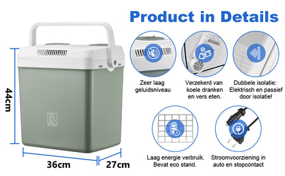 Elektrische koelbox 25L groen - AC/DC 12V, 220/230V - incl. divider - vergrendelbare deksel