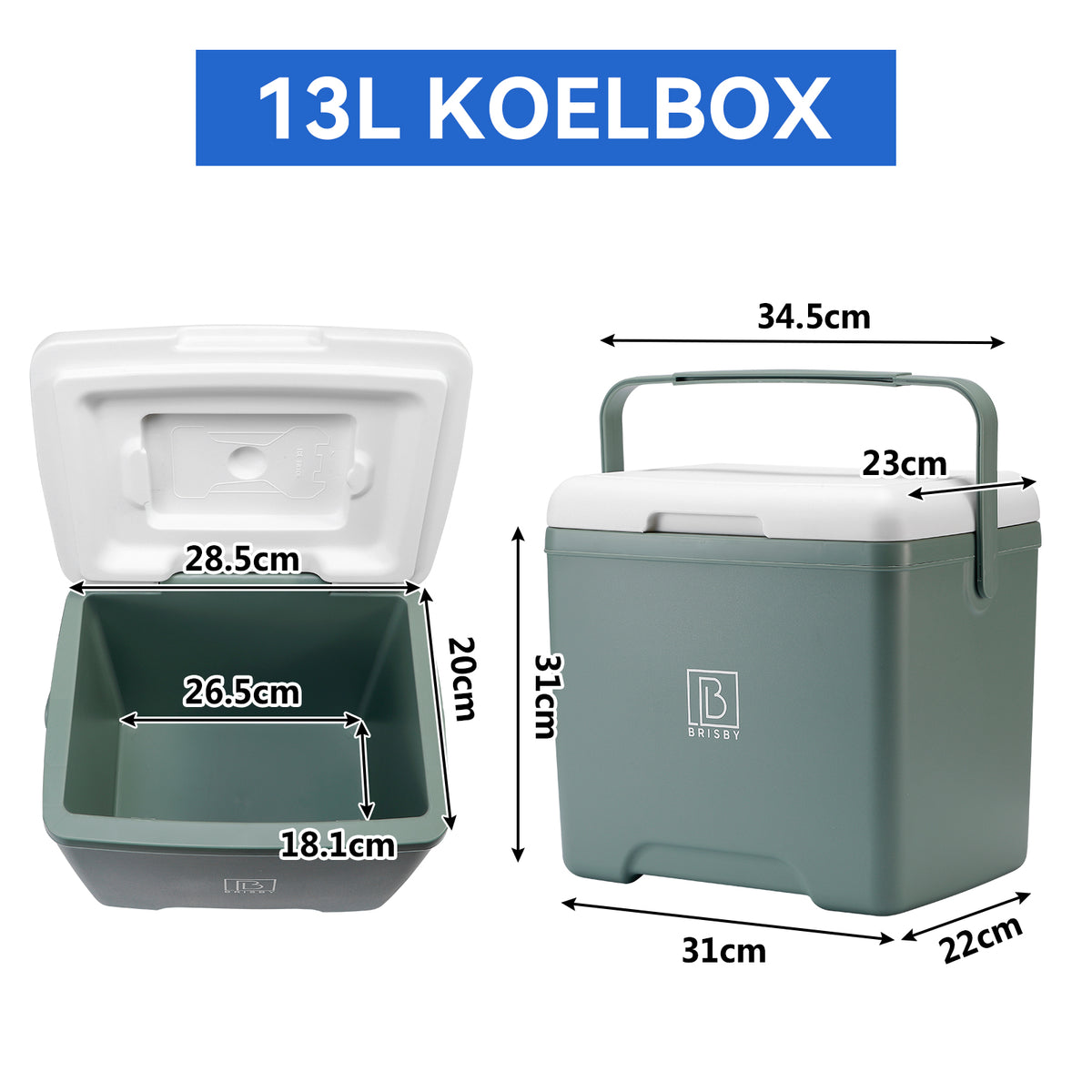 Brisby Koelbox - Frigobox - 13L- Groen - Tot maximaal 40 uur isolatie - Incl. 2 dikke koelelementen van 450ml - Met koelelementen vergrendeld in deksel en Brisby 500ml Zwarte Dubbelwandige Thermosfles