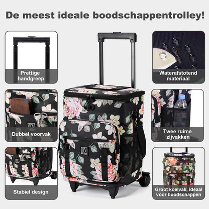 Brisby Boodschappentrolley met Koelvak – 32L Ruimte – Ideaal voor Boodschappen – Inclusief Koelelementen – Waterafstotend – Verstelbaar Handvat – Dark Flower