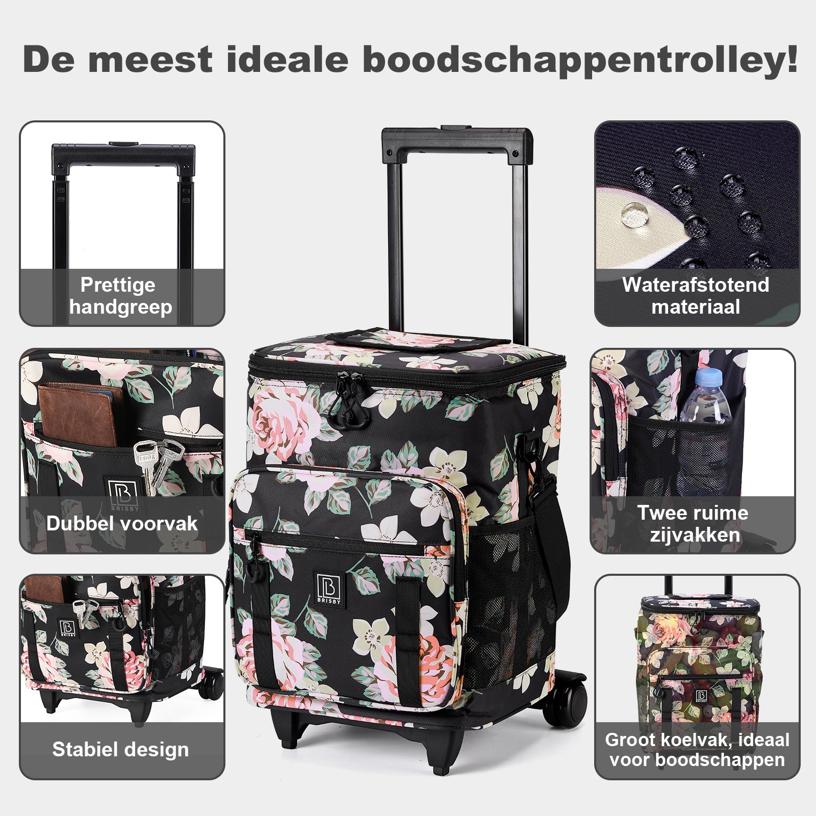 Boodschappentrolley met koelvak 32L dark flower - Ideaal voor boodschappen - incl. koelelementen - waterafstotend - verstelbaar handvat