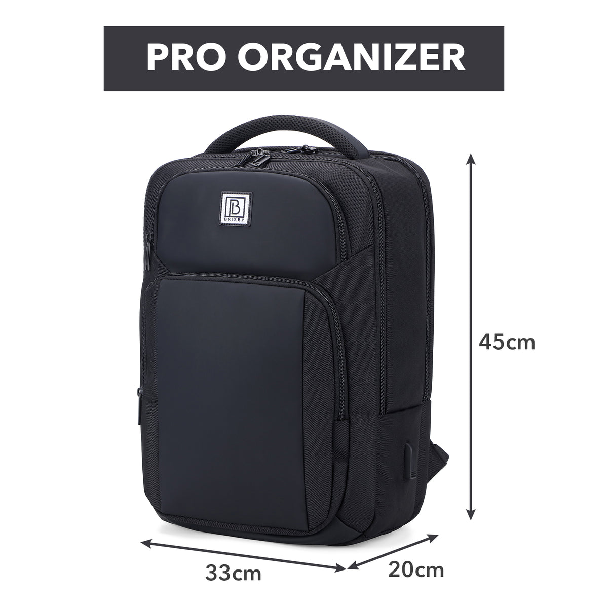 Brisby Rugzak Pro 1 – Laptoprugzak tot 15,7 inch voor Werk, School en Reizen – Waterafstotend – Met Tabletvak, Antidiefstalvak en Trolleysleeve - Zwart