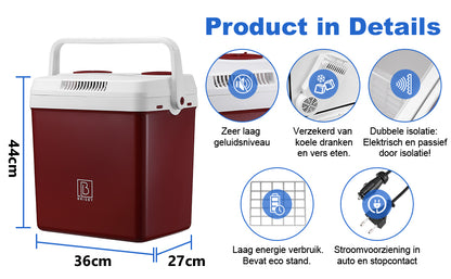 Elektrische koelbox 25L rood - AC/DC 12V, 220/230V - incl. divider en vershoudbakjes - vergrendelbare deksel