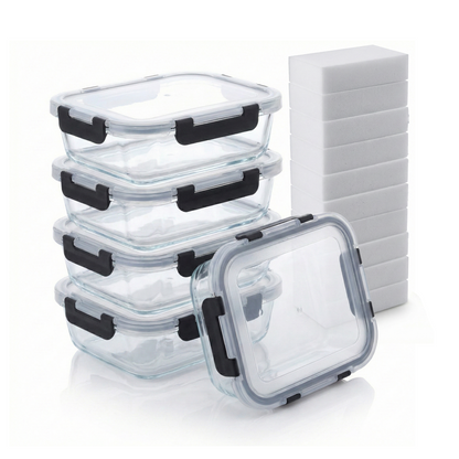 Bardi 5-delige set glazen vershoudbakjes 1060ml - oven- magnetron- en vriezerbestendig, incl. 10 wondersponsen